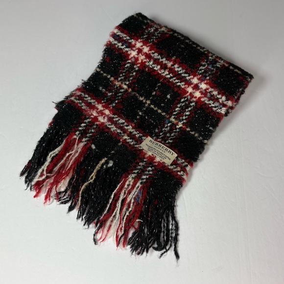Burberry London Nova Check Black Red Merino Wool Blend Fringe Scarf - Picture 1 of 10